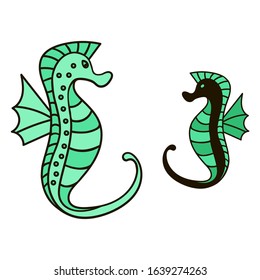 Two seahorses. Green Sea Horses. Cute cartoon animals