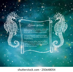 Two seahorses holding vintage scroll with place for your text on blurred underwater background. Elements of this image furnished by NASA.