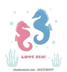 Dos caballitos de mar enamorados en estilo kawaii. Ilustración de peces de mar, algas, bulbos. Me encanta el mar, la fauna y el mundo submarino. Vector eps 10, adecuado para impresión y web.