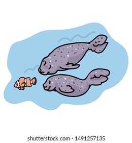 Two seals hunting a clown fish vector. Ocean sealife clipart. 