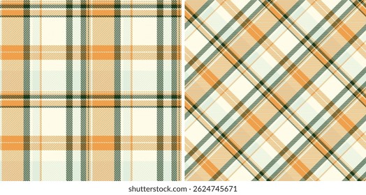 Two seamless autumnal plaid patterns in soft orange, green, and cream. Perfect for fallthemed designs, textiles, backgrounds, or website assets.  Evokes feelings of warmth, comfort, and rustic charm.