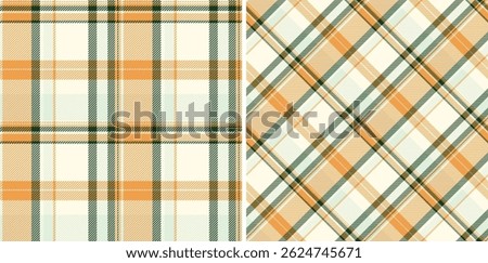 Two seamless autumnal plaid patterns in soft orange, green, and cream. Perfect for fallthemed designs, textiles, backgrounds, or website assets.  Evokes feelings of warmth, comfort, and rustic charm.