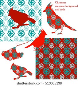 Two seamless background with snowflakes and original birds, birds silhouette, branch. Vector illustration for holiday's design. 