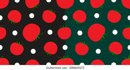 Dos orígenes impecables. Tomate rojo y círculos blancos. Fondo negro y verde 
