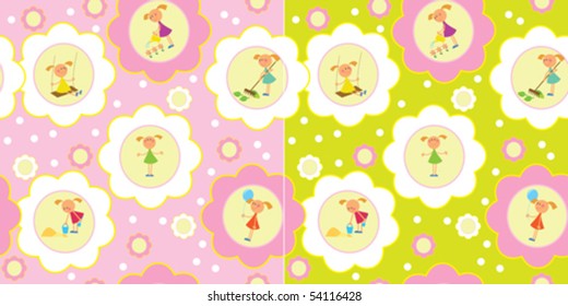 Two seamless backgrounds. Set of girls engaged in various activities such as: play, work, cry, paint, etc.