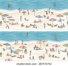 Two seamless banners of tiny people at the beach - each banner can be tiled horizontally or both banners can be combined