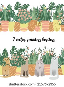 Dos fronteras sin costura con gatos y plantas domésticas. Graciosos gatos y macetas de plantas. Ilustraciones de vector plano dibujadas a mano.