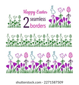 Two seamless borders with spring flowers and easter egg, bunny, and bird. Decoration element for Easter celebration