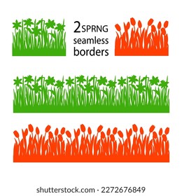 Two seamless borders with spring flowers tulips and daffodils. 