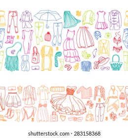 Two seamless borders of vector sets of different women clothes and accessories, from underwear to outerwear. Fashion doodle collection.