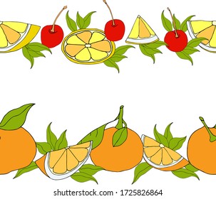 Two seamless brushes with citrus and cherry for creativity  . Vector hand draw  Illustration EPS10