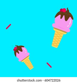 Two seamless cute ice cream one cone pattern, hand-drawn colorful summer food vector over blue background