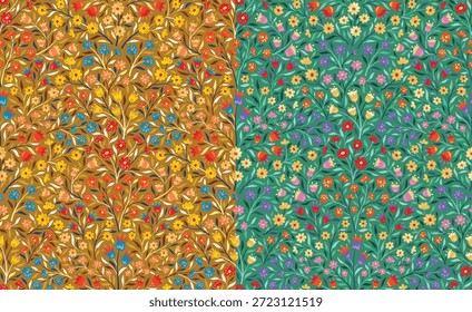 Dos patrones florales sin fisuras con flores florecientes coloridas sobre fondo oscuro, perfecto para proyectos de tela, Fondo de pantalla, papel de regalo y diseño digital.