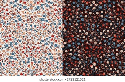 Dos patrones florales sin fisuras con flores florecientes coloridas sobre fondo oscuro, perfecto para proyectos de tela, Fondo de pantalla, papel de regalo y diseño digital.