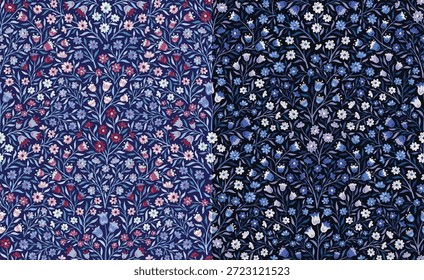 Dos patrones florales sin fisuras con flores florecientes coloridas sobre fondo oscuro, perfecto para proyectos de tela, Fondo de pantalla, papel de regalo y diseño digital.