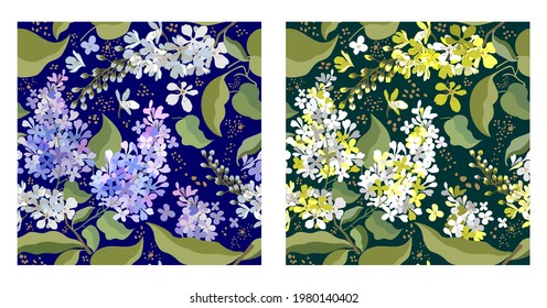 Two seamless floral patterns with lilac and bird cherry on dark-blue and dark-green background. Vector set.