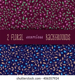 Two seamless floral patterns, natural botanical vector leaves backgrounds set