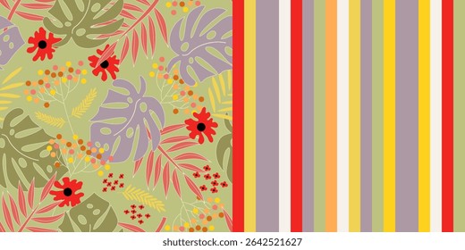 Two seamless floral and striped patterns created in colors and shapes that complement each other. Stripes, flowers and tropical leaves in African, Asian, Indian palette. For fabric, cover. Vector set.