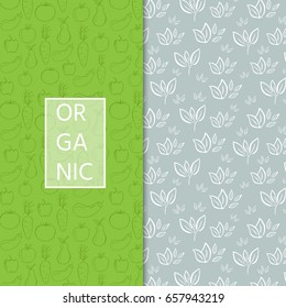 Two seamless and fresh pattern with branches,leaves for organic labels, healthy food packaging, natural cosmetics, shop, fabric, vegan products. Green vector background.