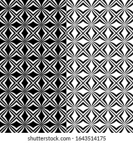 Two seamless geometrical black and white interweaving diagonal patterns, positive and negative version. Original design, pixel perfect swatch patterns included, vector eps 10