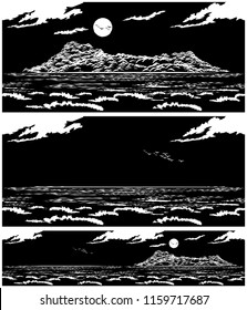 Two seamless horizontal vector illustration of an open sea landscape with an island in retro poster style