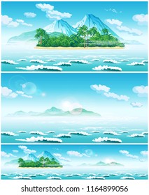 Two seamless horizontal vector illustration of an open sea landscape and tropical islands