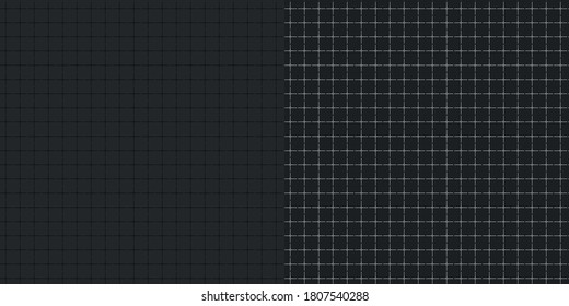 Two seamless mathematical patterns squared paper on dark gray or black background with dots and spaces. One pattern is with white lines, second pattern - with black lines