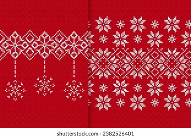 Two seamless ornaments. Red Xmas print. Christmas knitted geometrical pattern. Fair isle traditional holiday background. Festive sweater. Vector illustration.