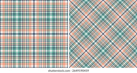 Dois padrões de chapeado pastel sem costura.  Perfeito para design têxtil, fundos de site, ou projetos de criação.  Oferece verificações clássicas e diagonais em pêssego macio, azul-petróleo e branco.