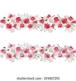 Two seamless pattern brushes with red and pink roses. Endless texture. Seamless horizontal pattern for wedding announcements