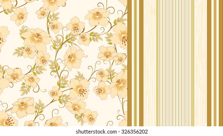 two seamless pattern with flowers and strips in pastel shades of  beige, vector illustration