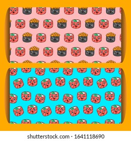 two seamless pattern with kawaii sushi. philadelphia rolls, sushi with caviar with different emotions. Japanese food. for paper, cover, fabric, interior decor and other users