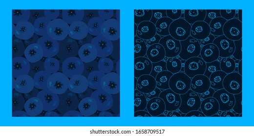 two seamless pattern with linear blueberries on a dark background. classic blue. Modern abstract design for paper, cover, fabric, interior decor