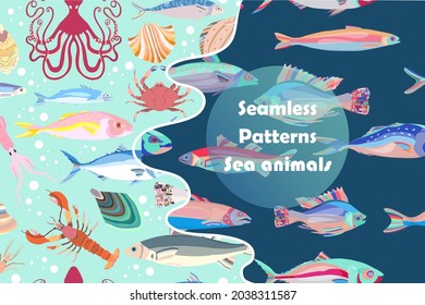 Two Seamless pattern with multiform sea creatures