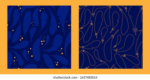 two seamless pattern with silhouette golden linear feathers on a navy blue background. for paper, cover, fabric, interior decor and other users