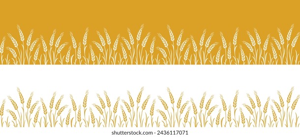 Two seamless pattern stripe with wheat, oat, barley, rye, wheat ears stalks silhouette on yellow and white background and place for text