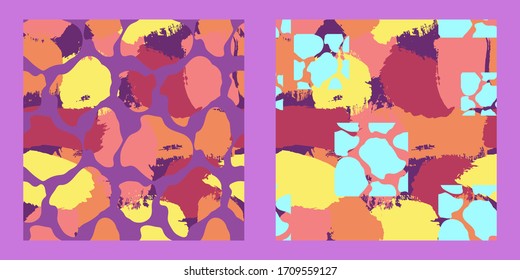 two seamless patterns with abstract tropical print. Trendy hand drawn textures. Modern abstract design for packaging, paper, cover, fabric, interior decor