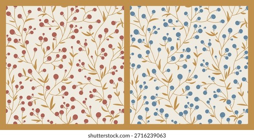 Zwei nahtlose Muster mit blauen und roten Beeren, florale dunkle Hintergründe, handgezeichnete Vektorgrafik