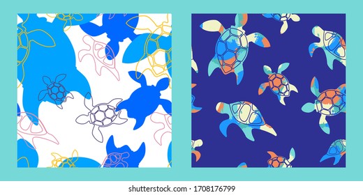 two seamless patterns with bright colorful silhouettes of turtles on a white and blue backgrounds. Modern abstract design for packaging, paper, cover, fabric, interior decor