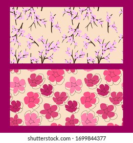 two seamless patterns with brown branches of cherry blossoms and sakura flowers on a light background. Modern abstract design for paper, cover, fabric, interior decor