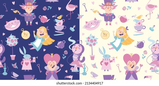 Two seamless patterns of cartoon Wonderland isolated characters