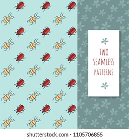 Two seamless patterns with cute bugs and flowers for textile of paper