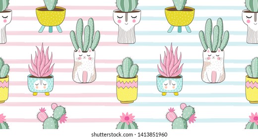 Two seamless patterns with cute cactus. White background with mint and pink stripes. Suitable for printing cards, print on fabric.