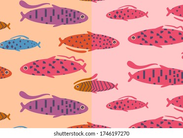 Two seamless patterns in different color-grades with simple fishes in geometric design