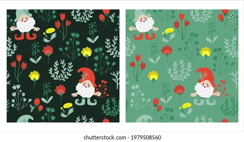 Two seamless patterns with garden gnomes with flowers and plants on dark and bright backgrounds