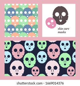 two seamless patterns and illustration with cosmetic masks for skin care. Modern abstract design for paper, cover, fabric, interior decor