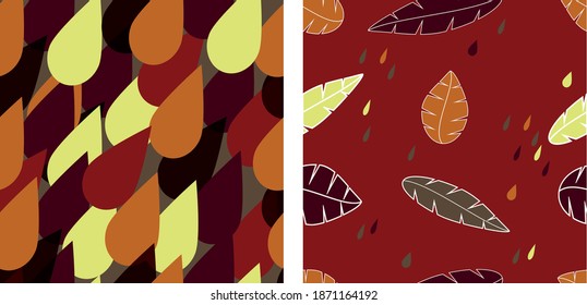 Two seamless patterns with leaves and droplets in the autumn style of orange-brown flowers.