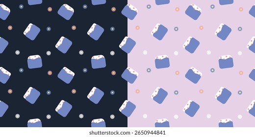 Dois padrões sem costura com almofadas menstruais em cores escuras e rosa. Design moderno plano para visuais de saúde e bem-estar