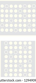 Two seamless patterns of pale yellow dots and circles on a light grey background.
