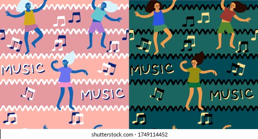 Two seamless patterns with people made in a simple style. people dance around notes, stripes, music lettering. design for teens. Suitable as a print for office, clothing, web pages. different colors.